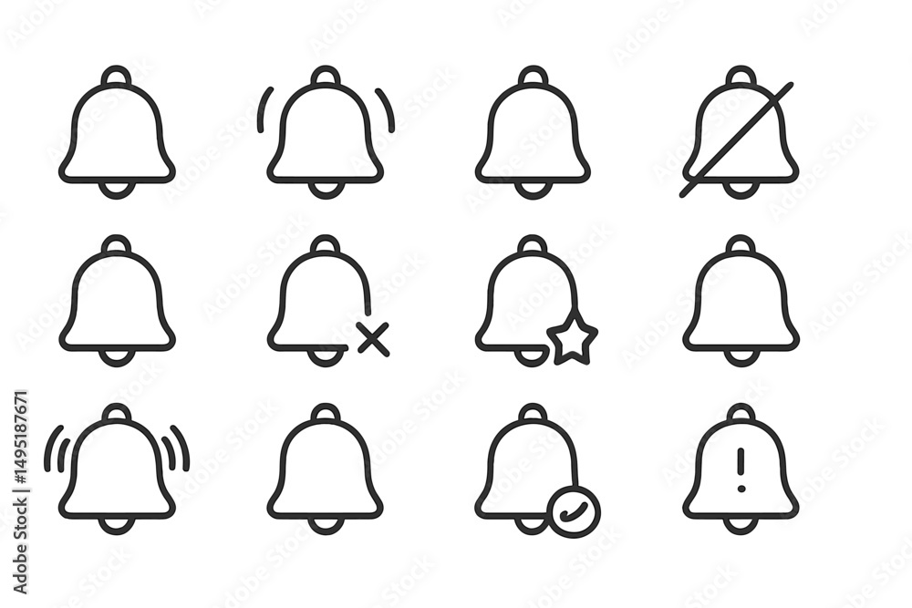 Poster modern vector illustration of notification bell icons showcasing various states and alerts for user 