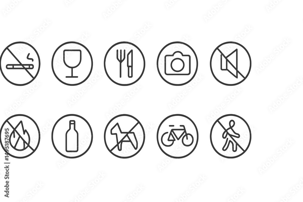 Poster modern vector illustration of various prohibition symbols emphasizing rules for public spaces and ac