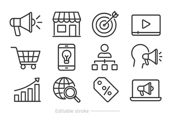 Modern vector illustrations of marketing concepts including shopping, analytics, and digital tools in a minimalist design
