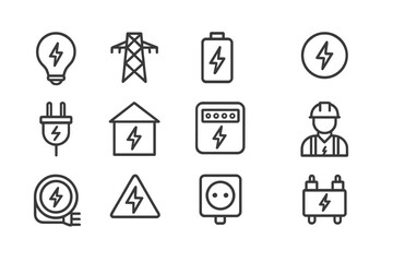 Illustration showcasing various electricity-related icons in modern vector design highlighting power and energy symbols