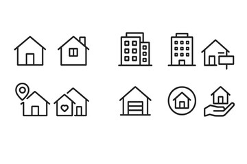 Modern vector illustration of various house designs and related icons in a minimalist style for real estate concepts