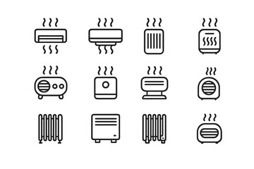 Collection of modern vector illustrations featuring various heating devices in minimalistic style