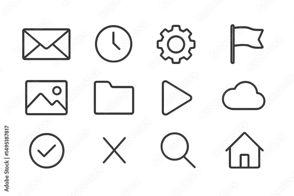 Poster modern vector illustration of various icons representing common digital activities and tools in a mi
