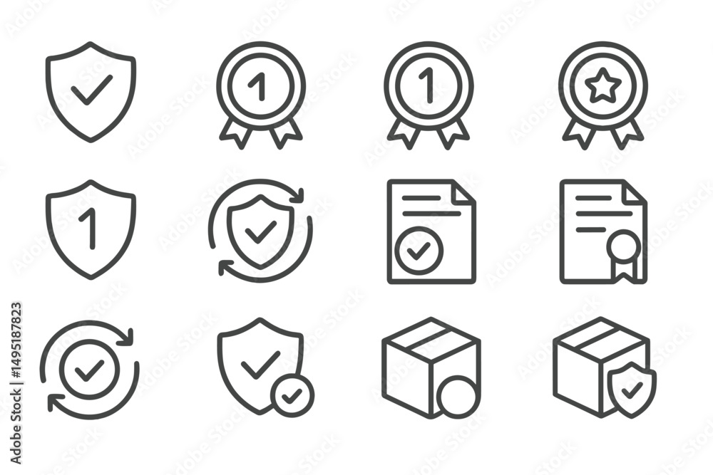 Poster various modern vector icons representing quality assurance and certification processes in a professi