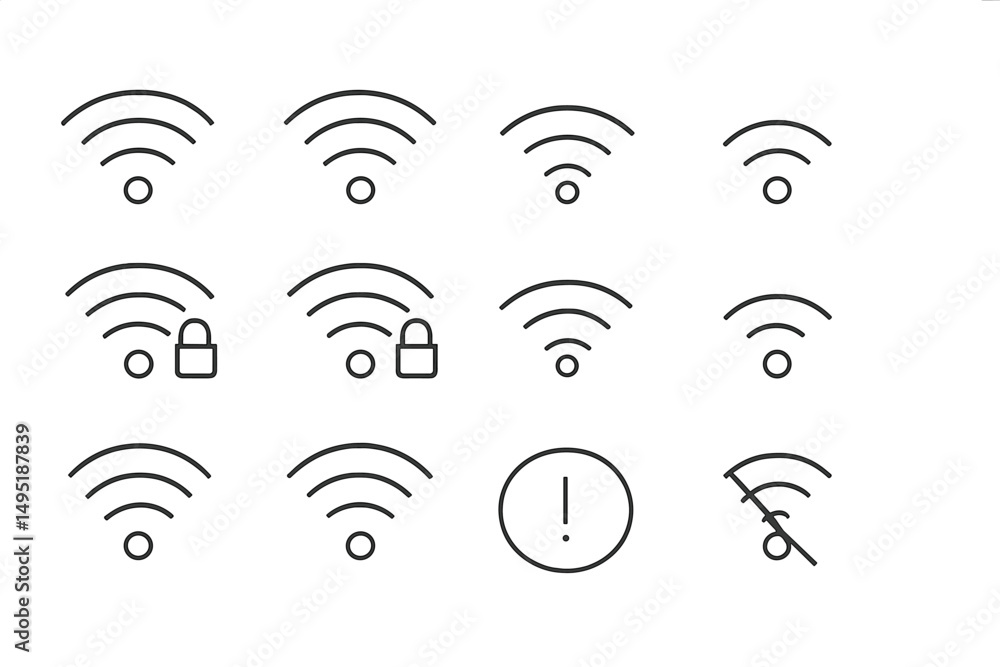 Poster vector illustration of various wi-fi signal icons depicting different connection statuses and securi