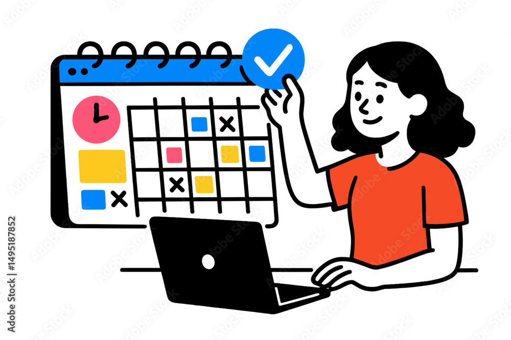 Poster modern vector illustration of a person organizing a calendar while using a laptop