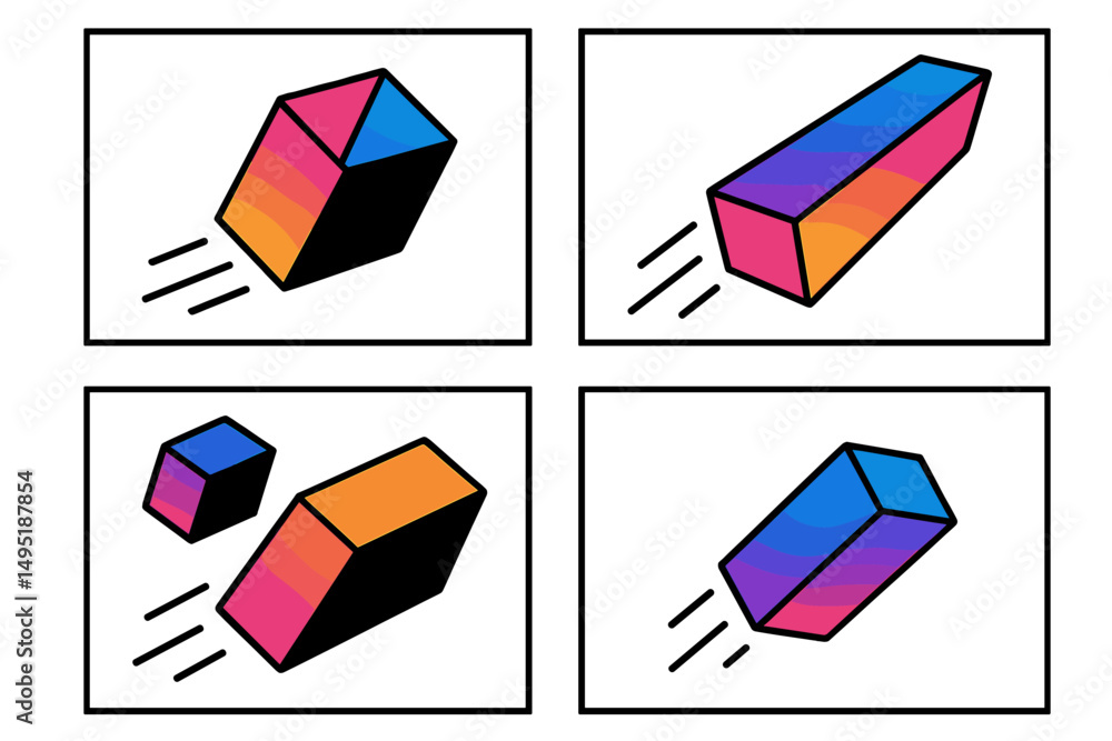 Poster dynamic motion of geometric shapes in modern vector art displaying cubes and rectangles in vibrant c