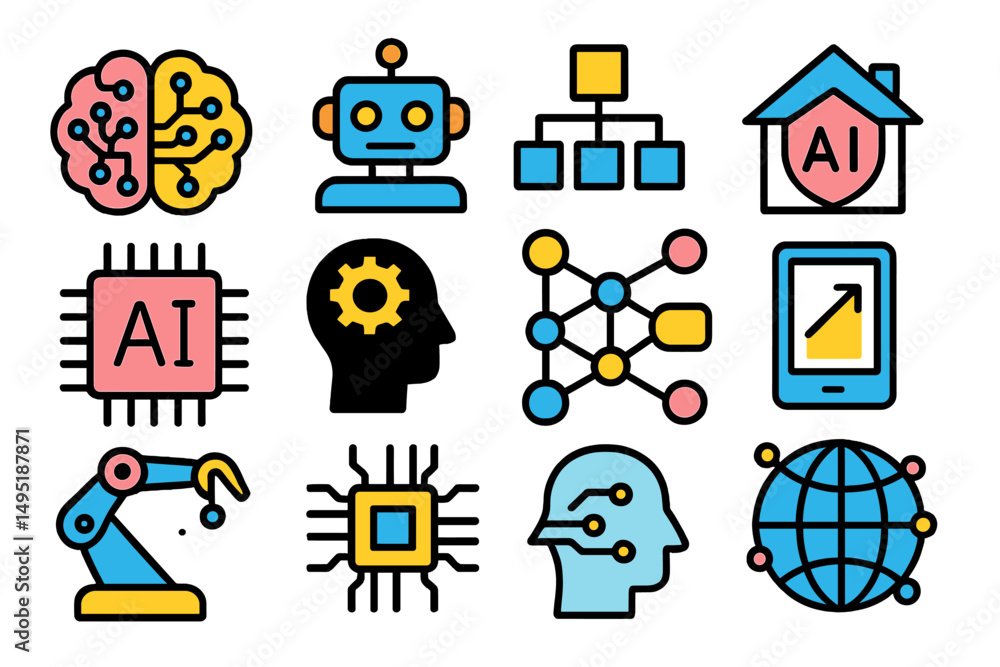 Aufkleber modern vector illustration showcasing various elements of artificial intelligence in a colorful desi