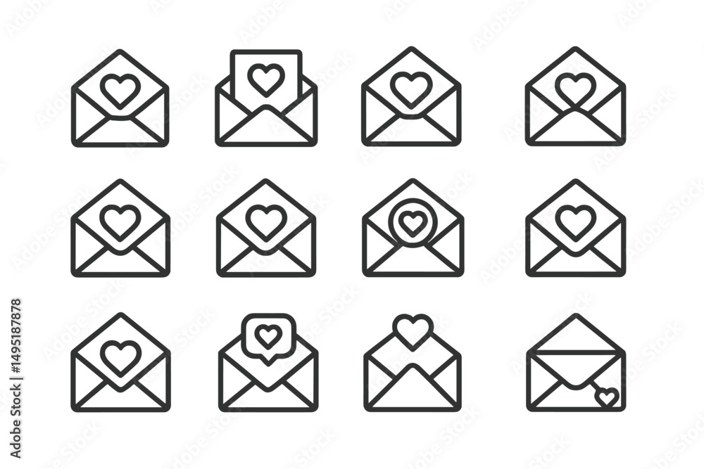 Poster collection of modern vector illustrations featuring heart-themed envelopes in various styles and ori