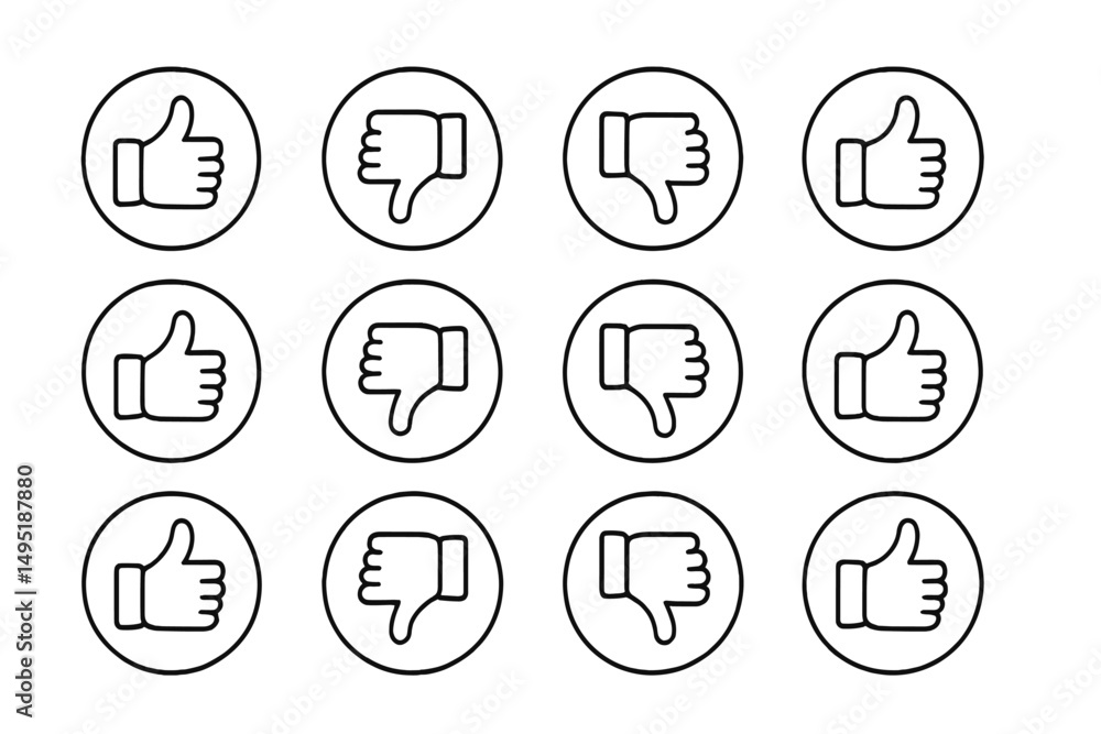Poster modern vector illustration displaying various thumbs up and thumbs down icons in a grid pattern on a