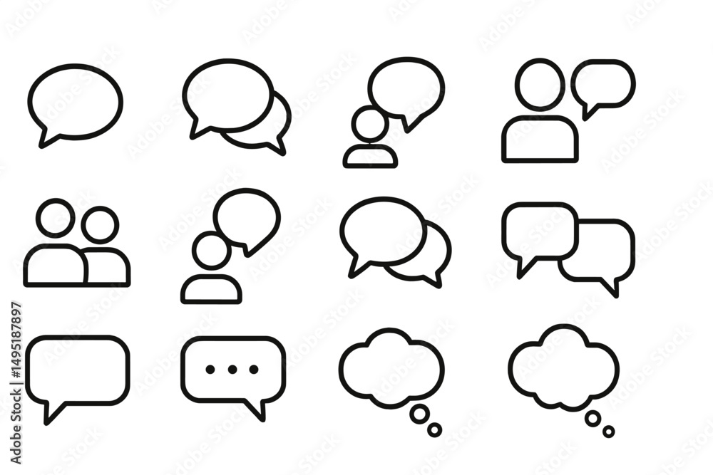 Poster communication icons with speech bubbles representing conversations and interactions among people in 