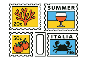 Unique vector illustration of summer-themed stamps featuring coral, wine, tomatoes, and a crab with vibrant colors