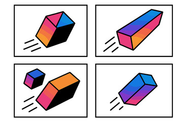 Dynamic motion of geometric shapes in modern vector art displaying cubes and rectangles in vibrant colors
