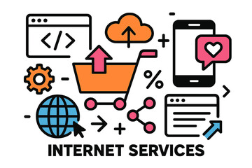 Modern vector illustration depicting internet services with icons representing e-commerce and digital tools