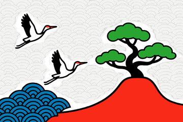 Modern vector illustration of flying cranes over a vibrant mountain and ocean landscape with stylized waves and a tree