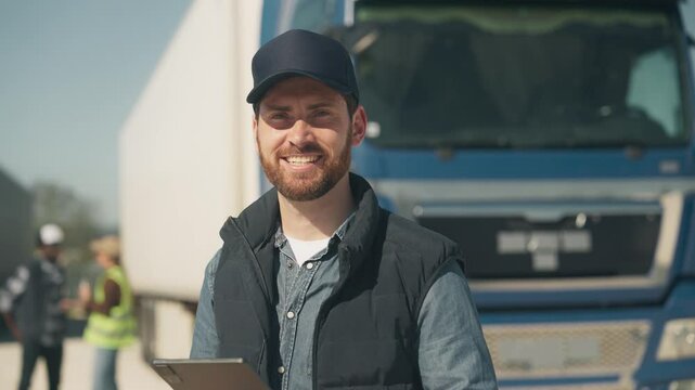 Bearded Caucasian man in dark cap smiling brightly while holding tablet near truck. Looking directly at camera. Supervising loading process or checking route plans in logistics yard.