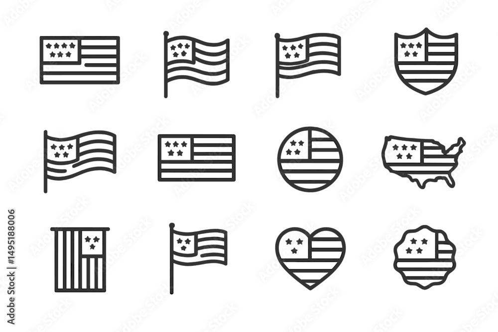 Poster vector illustrations of flags and symbols representing patriotism displayed in various forms and sty