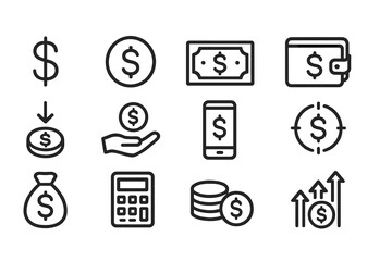 Modern vector illustration of financial icons representing money, savings, and transactions in a minimalist style