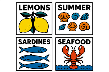 Modern vector illustration showcasing summer themes with lemons, seafood, and shells in vibrant colors