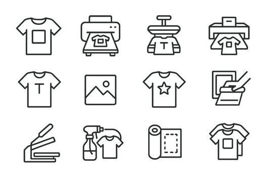 Creative process of t-shirt printing with modern vector illustrations and essential tools in a minimalist style