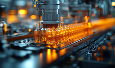 Production line with glass vials on a conveyor belt, illuminated by warm lighting in an industrial setting