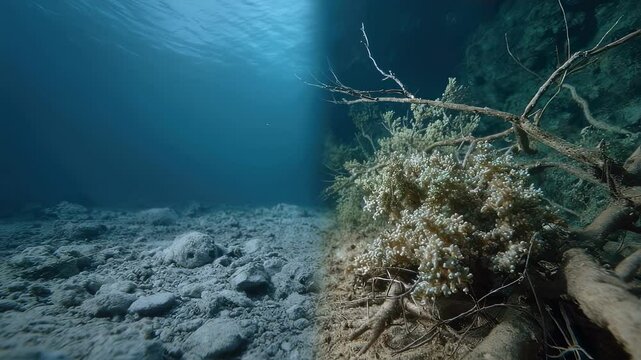 A dynamic splitscreen image contrasting a barren underwater habitat with a flourishing coral ecosystem demonstrating the transformative impact of AGI microrobots as they breathe life