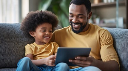 Father and son enjoying time together, using digital tablet on sofa, smiling and bonding