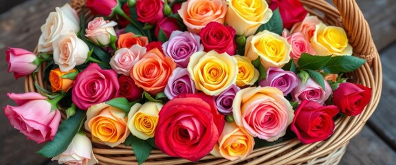 Fototapeta premium A wicker basket overflowing with various colored roses, image, Valentine's Day