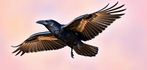 Obraz premium Bold graphic of a crow in flight, dynamic pose, vibrant color background, background, digital art