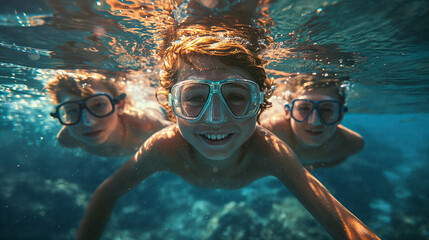 Naklejka premium Children scuba diving underwater in a beautiful island beach.