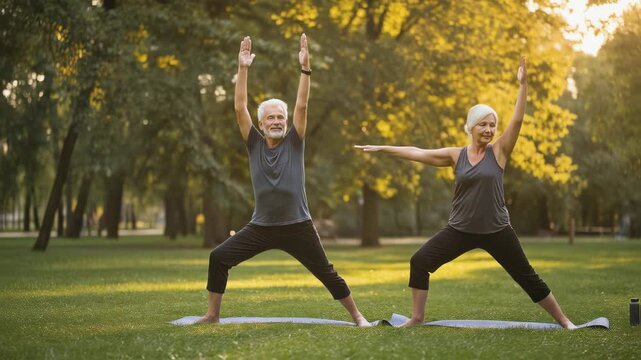 Older white couple practicing yoga outdoors in a park during golden hour. Active aging, outdoor wellness, relationship bonding, holistic fitness