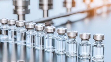 Glass medicine bottles on stainless steel conveyor under filling system, liquid is fed vertically.