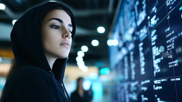 Woman in hoodie at terminal, team around her reacts to evolving incident on digital battlefield map