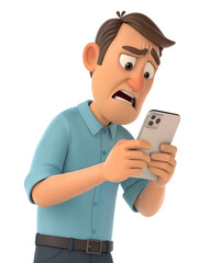A 3D animated man gripping his phone tightly, frustrated with bad service. isolated on a transparent background