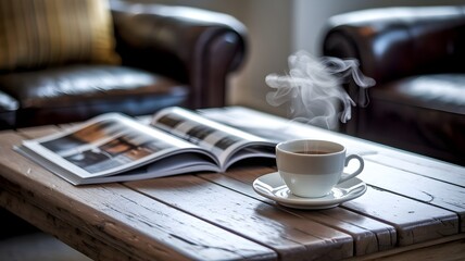 Wooden coffee table with cup of drink and magazine near sofa indoors, closeup