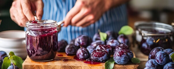 Hands making plum jam with fresh plums on wooden board