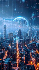 Fototapeta premium Digital technology blue and white smart city intelligent building illustration poster background