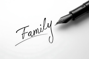 Elegant word "Family" written with fountain pen on clean paper. Focus on relationships and heartfelt values. Message of love and family bonds.