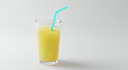 Refreshing lemonade in clear glass with turquoise straw and lemon slice on white background