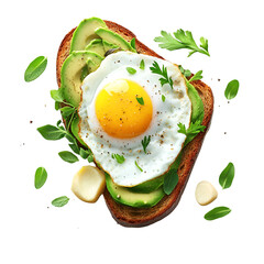 Avocado toast with poached egg, herbs, and spices isolated on transparent background