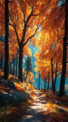 Fototapeta premium Vibrant autumn pathway surrounded by golden foliage in a tranquil forest at midday