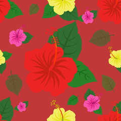 Red hibiscus, alternating with pink and yellow in the vintage garden rhythm on a red background