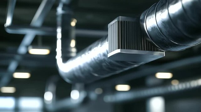 Modern home HVAC system with visible ducts, technician replaces rectangular air filter in compact heat exchanger
