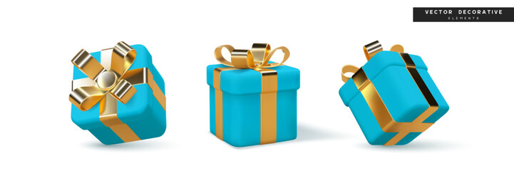 3D vector illustration of glossy blue gift boxes with shiny golden ribbons and bows. Perfect for holiday, birthday, celebration, and festive design projects.