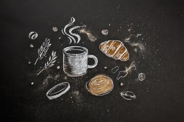 Chalkboard background with white chalk coffee cup and beans hand-drawn design, vintage breakfast menu concept for cafe decor.