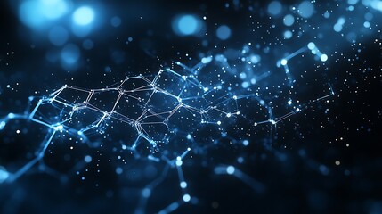Obraz premium Abstract blue hexagonal molecular structure on a dark background with bokeh