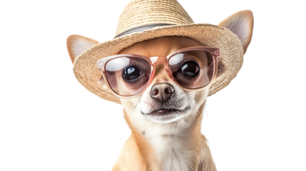 Funny Chihuahua Dog Wearing Hat and Sunglasses Isolated on Transparent Background