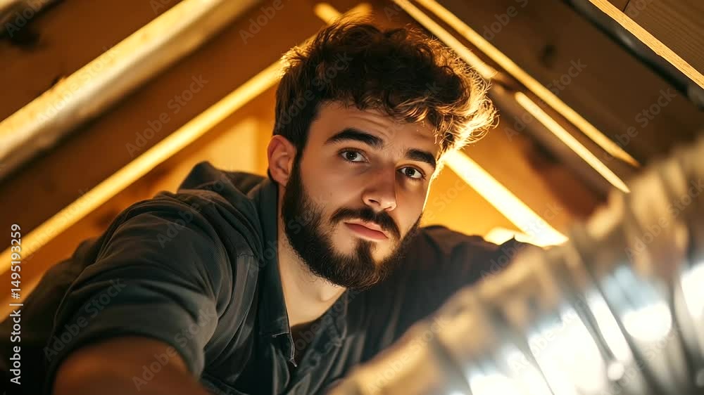 Poster hvac expert crouches in narrow attic space, replacing filter in horizontal duct unit, light beaming 