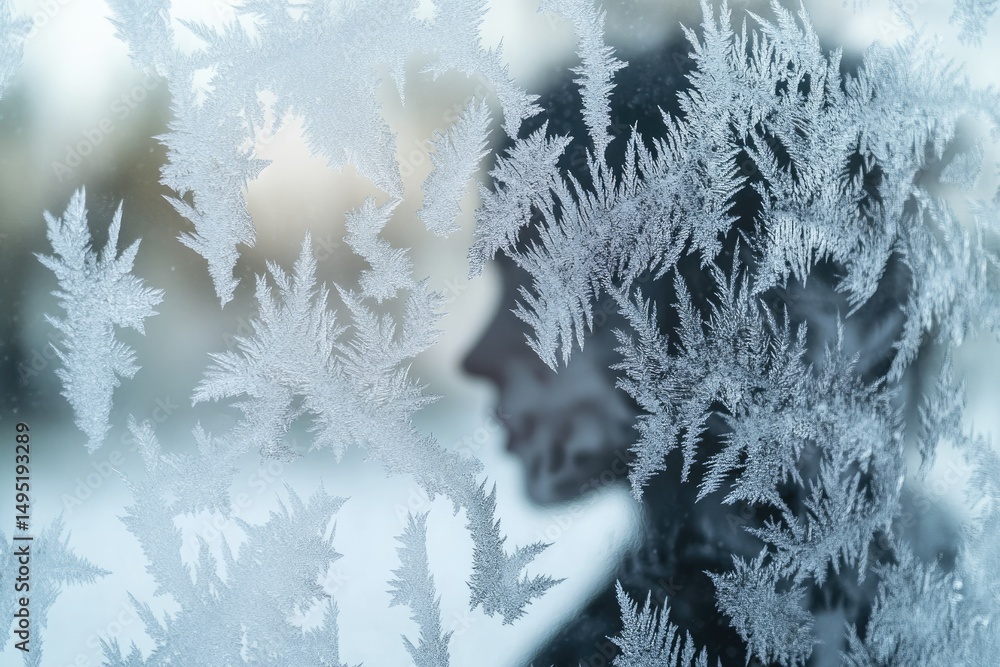 Aufkleber intricate frost patterns adorn a windowpane, silhouetting a person inside, creating a serene winter 