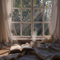 Cozy Autumn Morning: A steaming cup of tea, an open book, and soft sunlight streaming through a rustic windowpane create a scene of quiet autumnal comfort. 